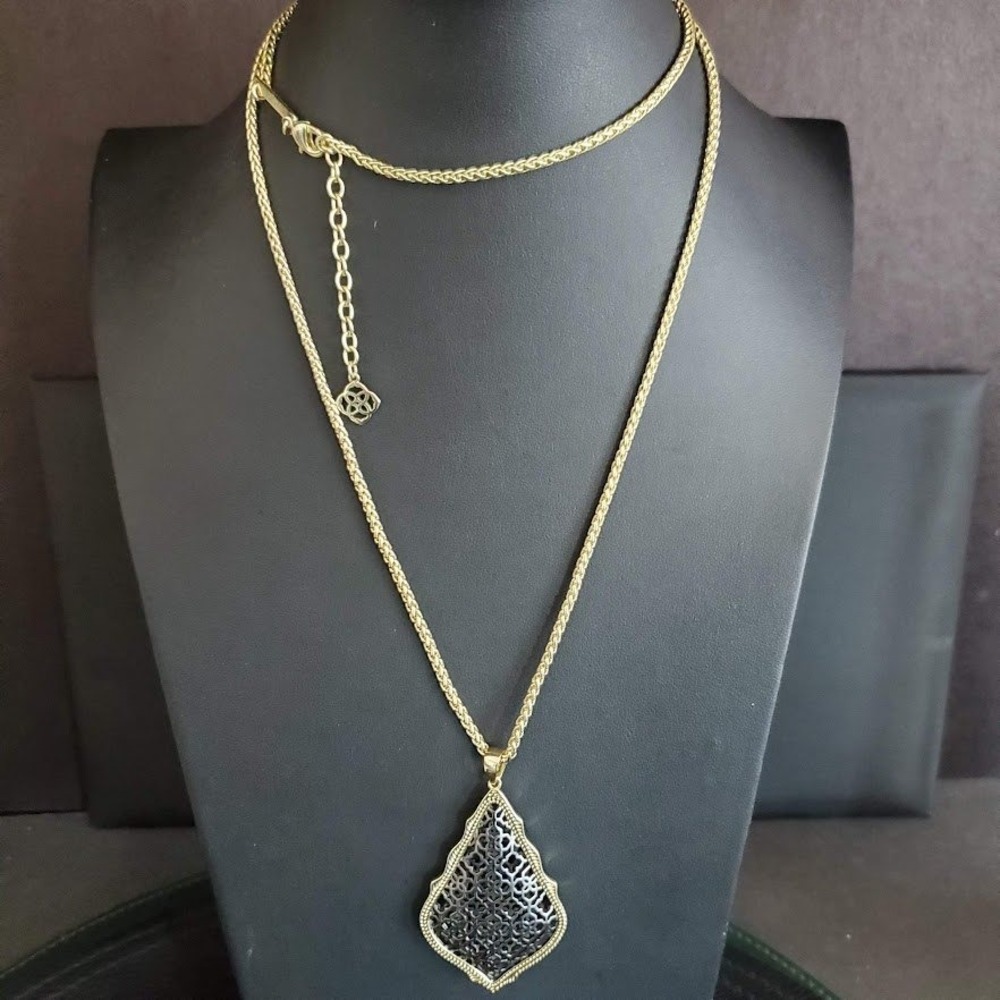 Kendra‎ Scott Aiden Necklace Long Gun Metal Filigree Gold Plate Pendant Signed